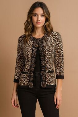 ISA Leopard Print Rosettes Cardigan Women's Petites S Mob Wife Fierce Glamorous